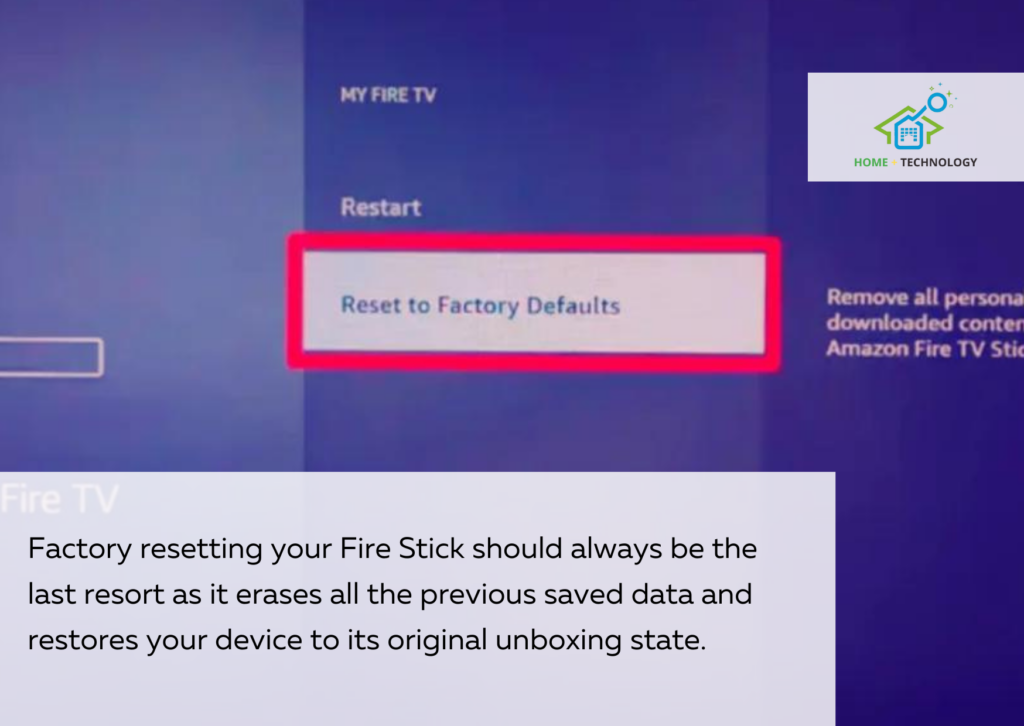A screenshot of r'eset to Factory defaults' option in firestick.