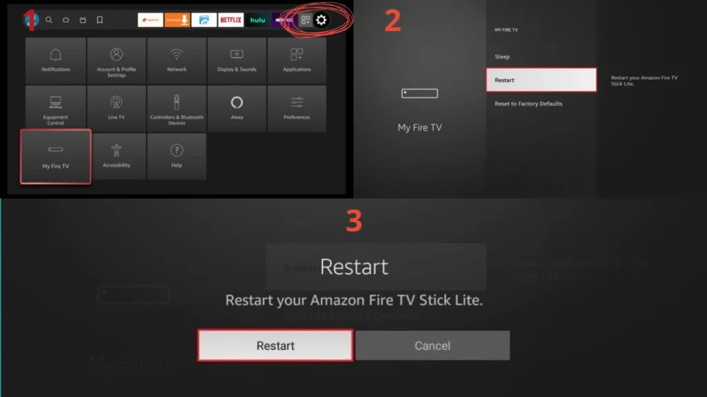 screenshots of steps to restart fire TV Stick.